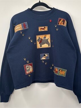 Hanes Navy Crewneck Sweater with Playful Dog Patch Motifs
